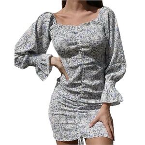 Petal + Pup Floral Purple White Ruche Square Neck Off Shoulder Cottagecore Dress